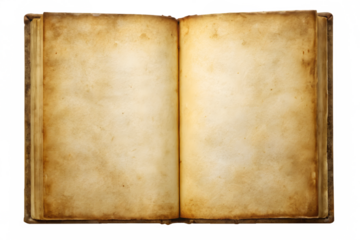 An open antique book with aged, blank parchment pages, isolated on a transparent background