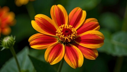 Fototapeta premium Vibrant orange-red flower in focus, surrounded by blurred greens