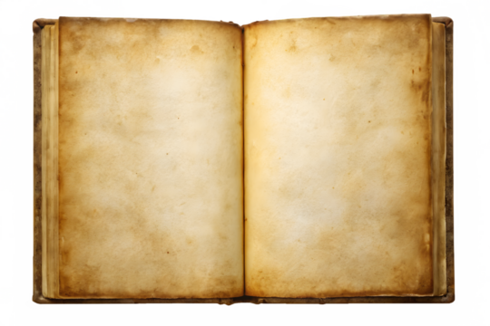 An open antique book with aged, blank parchment pages, isolated on a transparent background