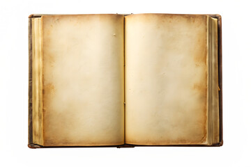 An open antique book with aged, blank parchment pages, isolated on a transparent background