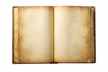 An open antique book with aged, blank parchment pages, isolated on a transparent background