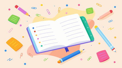 A closeup of a journal with colorful gel pens strewn around as someone writes down small moments that brought them joy and gratitude.. Vector illustration
