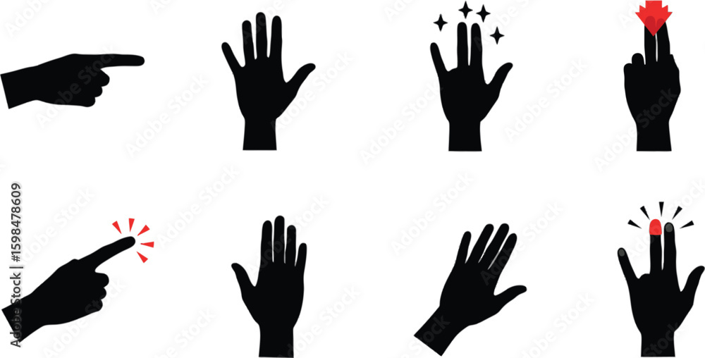 Poster vector art of a set of black hand gestures and finger pointing with red accents isolated on white ba