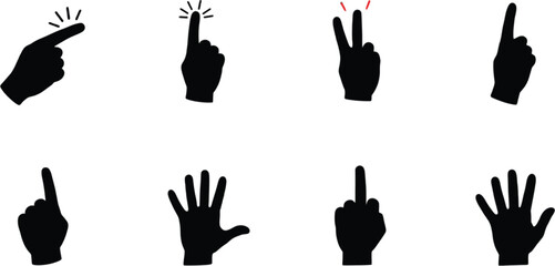 Vector art of a set of black hand gestures isolated on white background shows different finger counts and hand signals