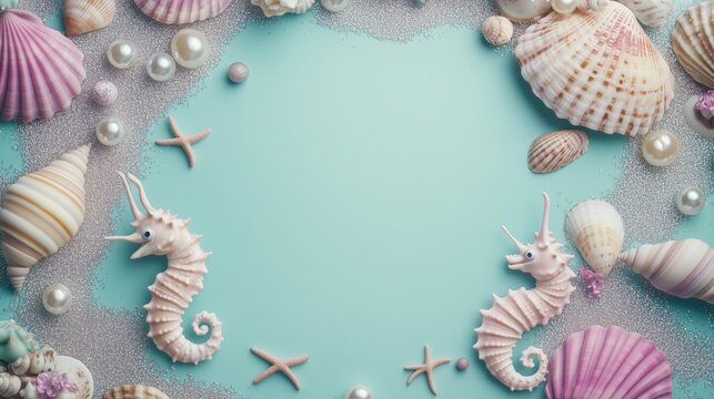 blank invitation card mockup surrounded by  lavender shells, pearls, seahorses and glitter sand, whimsical underwater aesthetic with light teal background