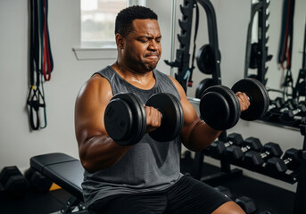 Man lifting weights shows effort in home gym with fitness equipment for strength training routine