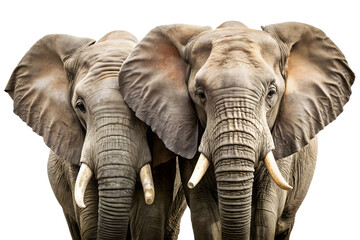 Two majestic african elephants stand sidebyside, their massive heads and textured skin filling the frame, isolated on a pure transparent background