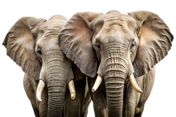 Two majestic african elephants stand sidebyside, their massive heads and textured skin filling the frame, isolated on a pure transparent background