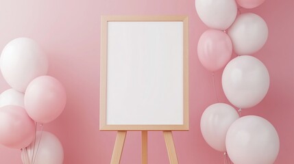 blank white vertical sign on wooden easel, surrounded by soft pink and white balloons
