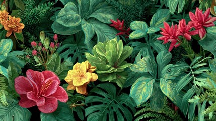 Fototapeta premium Lush Green Foliage with Vibrant Flowers Creating a Tropical Paradise