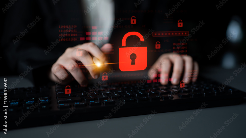 Poster digital security concept illustrating a cybersecurity breach, with a red unlocked padlock indicating