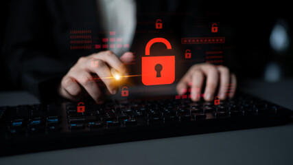 Digital security concept illustrating a cybersecurity breach, with a red unlocked padlock...