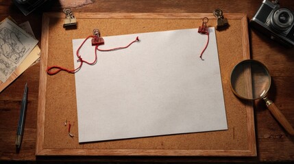 Investigative scene with detective board featuring blank paper linked by a red thread