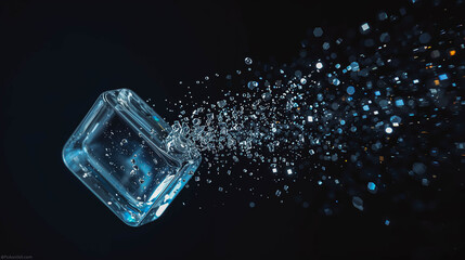 Exploding Ice Cube with Sparkling Fragments