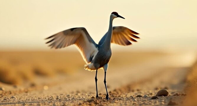 4K HD video showing sandhill crane dancing elegantly in wetland &ndash; stunning nature footage of unique bird courtship ritual outdoors.

