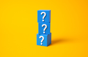 Blocks with question marks. Uncertainty, riddles and secrets. Ambiguity, lack of clear answers,...