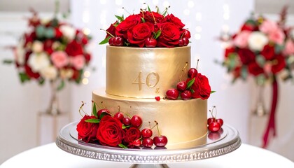 Elegant gold cake with red roses and cherries