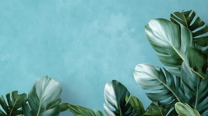 Lush tropical leaves artfully framing a white space on a textured blue background, perfect for natural and vibrant design themes.
