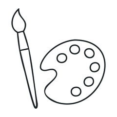Black and white line drawing of artistic paintbrush and palette icon. Vector illustration