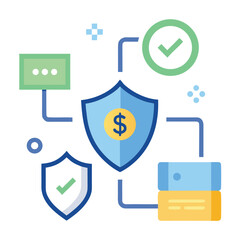 Digital money transfer security with shield and electronic symbol isolated on white background