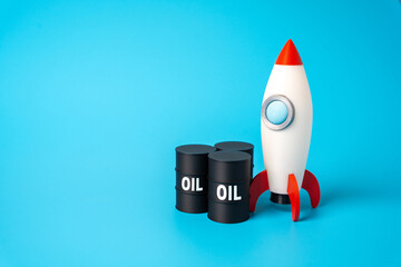 Oil and rocket. Concept of sharp rise in oil price. Fuel for transport. Sudden price surges, energy...