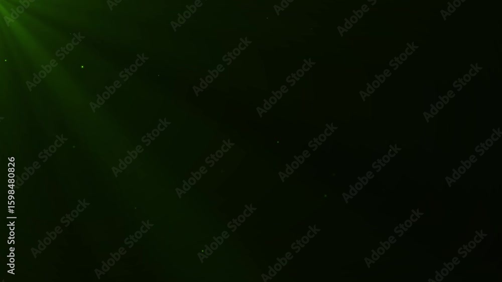 Poster glowing green particles floating with light spot in dark space background