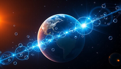 Planet Earth with luminous network and energy beams connecting across the globe in space