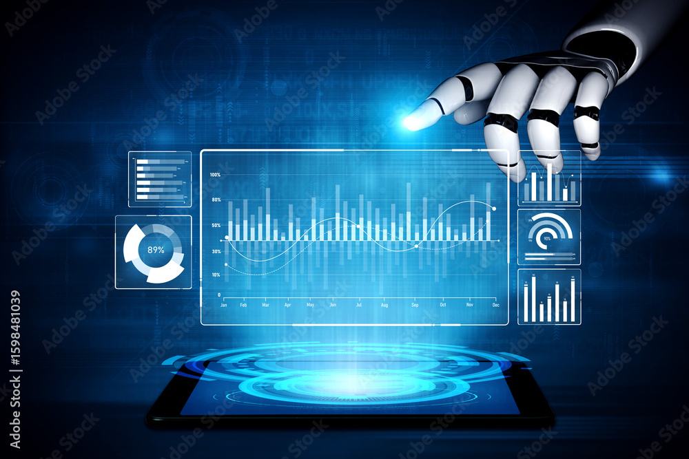 Poster ai artificial intelligence drives data analytics with predictive models, smart dashboards, and virtu