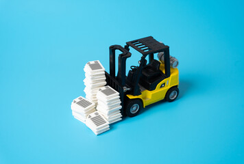 A forklift transports stacks of documents. Heavy bureaucracy and paperwork clutter. Overwhelming...