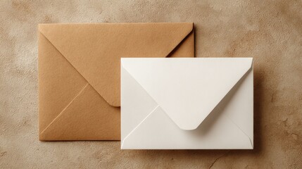 A blank white card on top of a beige envelope