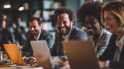 Blurred diverse group of businesspeople collaborating, smiling, and discussing work over laptops in a modern office setting.