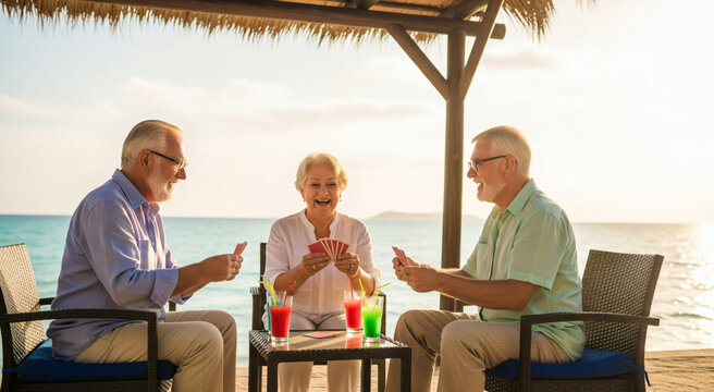 Happy Seniors Playing Cards by the Beach
