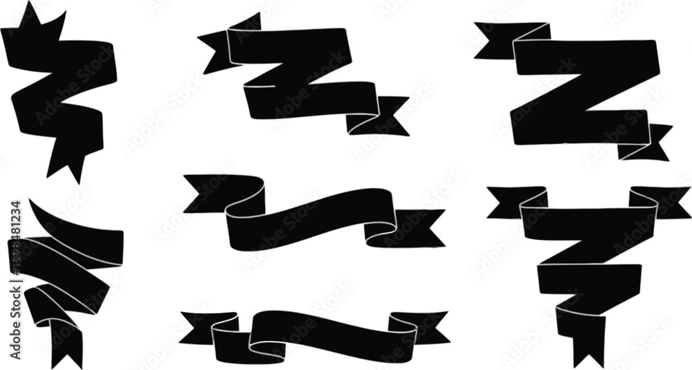 Poster vector art of set of black ribbon banners and scrolls isolated on white background for graphic desig