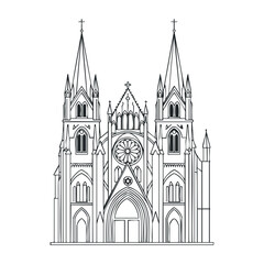 Fototapeta premium Gothic cathedral line drawing with detailed spires and arched entrances. Vector illustration