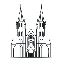 Fototapeta premium Gothic cathedral outline: twin spires and arched entryway in black and white line drawing. Vector illustration