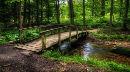 Fototapeta premium A rustic bridge made of wood spans a bubbling stream, surrounded by lush trees and woodland charm.