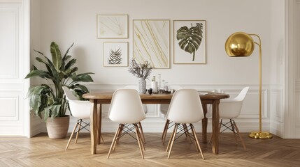 White chairs at wooden table in simple apartment interior with plant, posters and gold lamp. Real photo