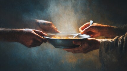 Hands passing a bowl of hot food during a community meal service.