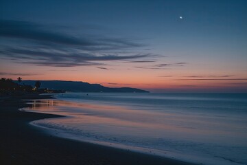 Fototapeta premium Serene Seaside Sunset with Scenic Horizon and Calm Reflections