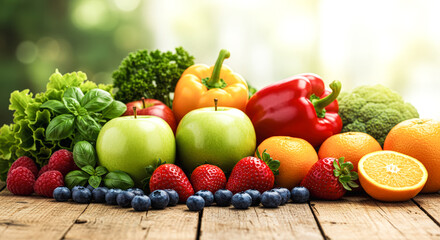 A farmers market scene presents assorted fruits and vegetables artfully arranged across a weathered wooden table, inviting viewers to savor vibrant hues, textures, and the wholesome atmosphere of farm