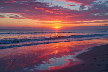 Fototapeta premium Stunning Sunset Over Tranquil Beach with Ocean Reflection Beauty