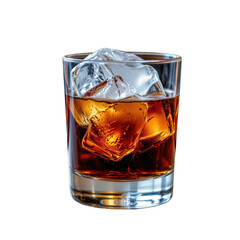 Glass of whiskey with ice cubes on a reflective surface