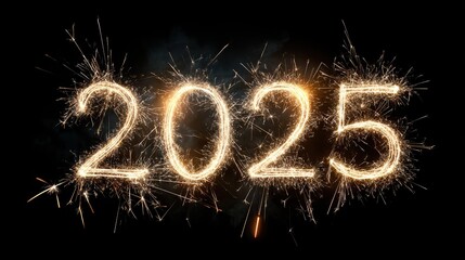 Gold sparkler firework text with 2025 number text caption on night sky black