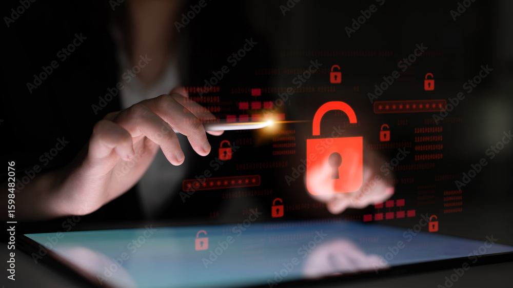 Poster digital security concept illustrating a cybersecurity breach, with a red unlocked padlock indicating