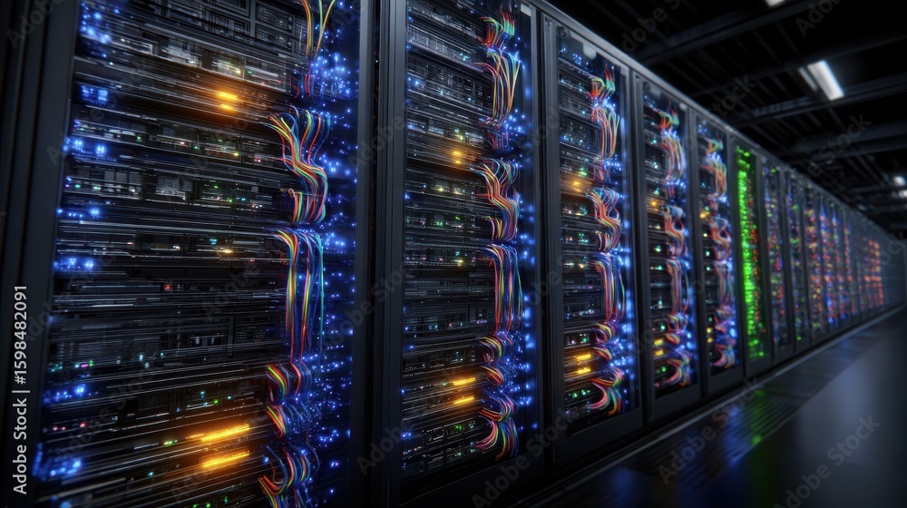 Poster high performance data servers. ultra high performance servers in data center rack, operating at full