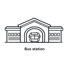 Outline of a bus station with central building and bus icon in black and white. Vector illustration