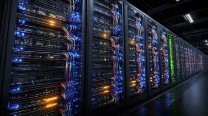 High performance data servers. Ultra high performance servers in data center rack, operating at full load with stability and optimum processing power. Glowing hardware and cables