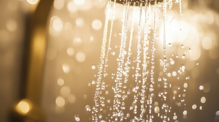 macro shot of fine water jets arcing from a gold rainfall showerhead, spa equipment detail, blurred background