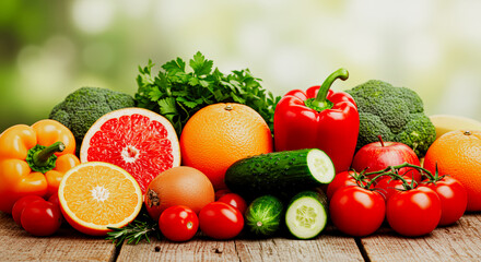 Colorful produce piles high on a wooden market table, featuring ripe berries, leafy greens, and citrus; a photograph that captures freshness, healthy living, and the charm of local farming culture.