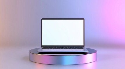 minimal luxury laptop facing front to camera with white blank screen, placed on modern metallic silver reflective round podium